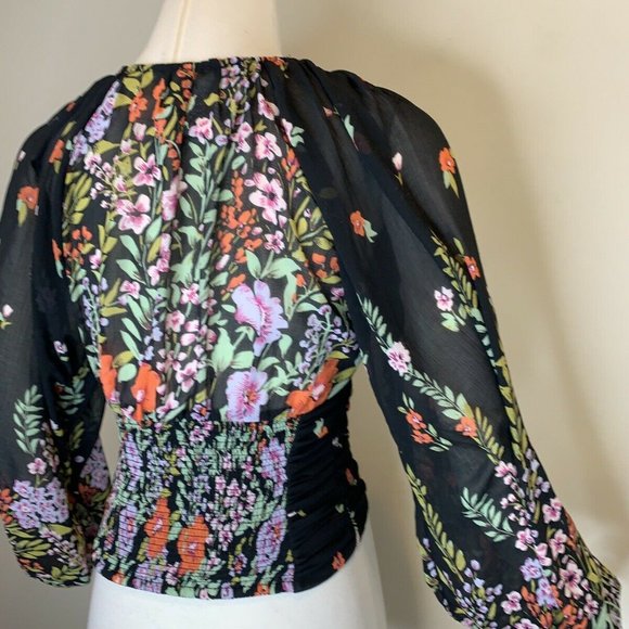 Free People Black Floral Blouse Smocked V Neck NWT - Picture 3 of 9